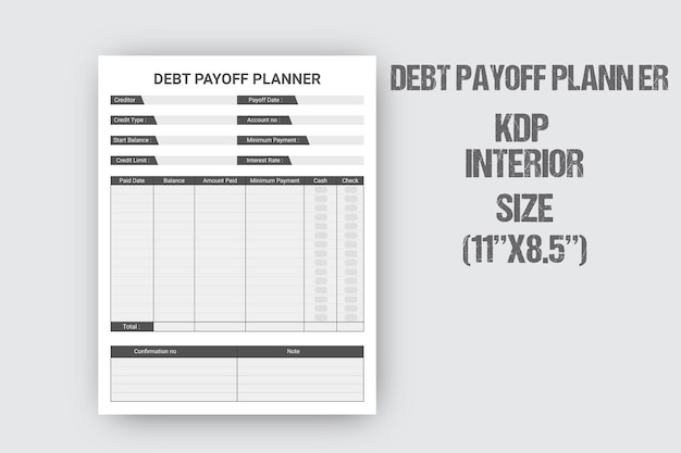 Planejador de pagamento de dívidas e interior do jornal kdp