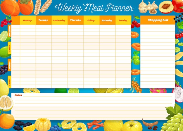 Planejador de refeição semanal, calendário, organizador de plano de alimentação da semana. menu do calendário para café da manhã, almoço, jantar e lanche com lista de compras para compras de mercearia. modelo de diário para dieta pessoal