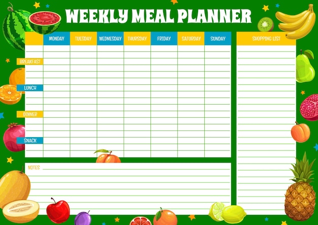 Planejador de refeições semanal com calendário de frutas tropicais