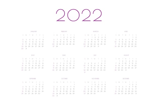 Planejador individual de modelo de calendário 2022 em estilo clássico minimalista a semana começa no domingo
