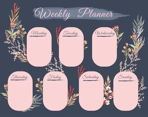 Planejador semanal bonito com aquarela floral