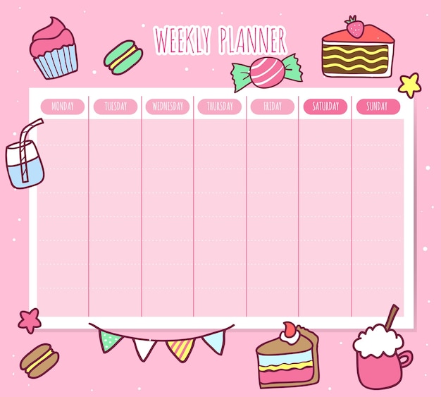 Planejador semanal com desenhos de comidas kawaii doodle