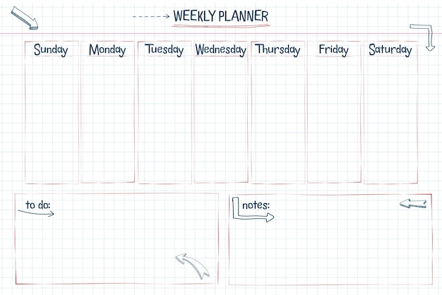 Vetor planejador semanal e lista de tarefas tipo de fonte de estilo desenhado à mão texto e elementos folha de caderno quadriculada de nota escolar com setas lineart e quadros