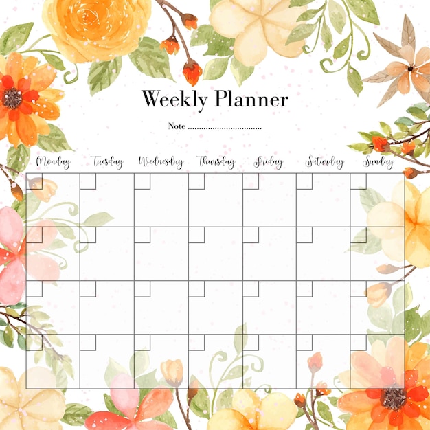 Planejador semanal elegante com fundo floral aquarela de verão amarelo