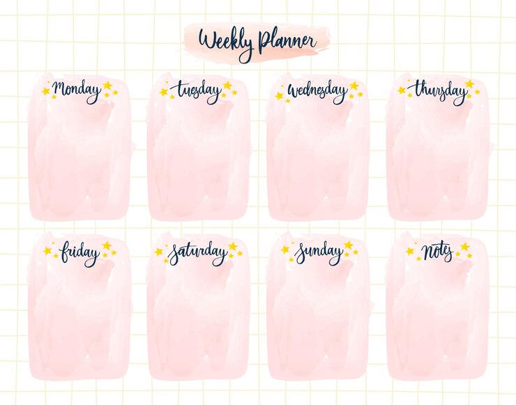 Planejador semanal em aquarela no fundo da grade.