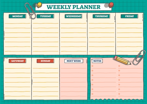 Planejador semanal modelo de design gráfico, ilustração para impressão