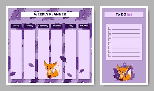 Planejador semanal para crianças cronograma infantil para a semana e lista de tarefas com folhas de raposa e bolota calendário