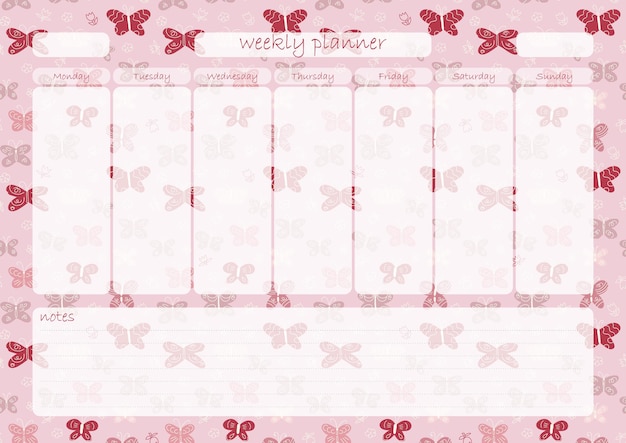 Vetor planejador semanal vetorial com borboletas rosas