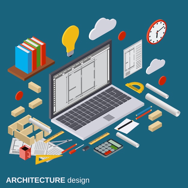 Planejamento da arquitetura, projeto interior, local de trabalho do arquiteto, ilustração isométrica lisa do projeto do computador 3d. conceito gráfico web moderna