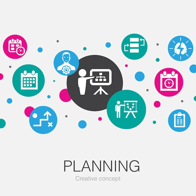 Planejando o modelo de círculo da moda com ícones simples. contém elementos como calendário, cronograma, cronograma, plano de ação
