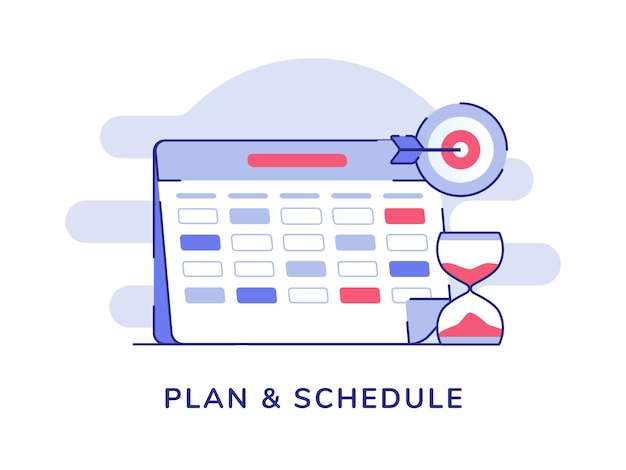 Planejar e programar marcador de calendário, ampulheta, objetivo, alvo, branco, isolado