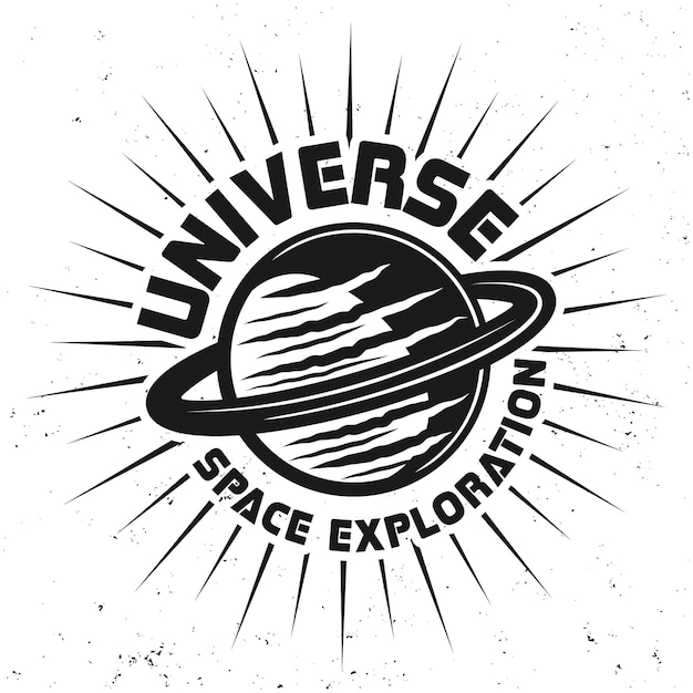 Planeta Saturno com emblema de exploração espacial do universo de texto