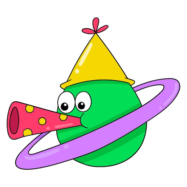 Vetor planeta saturno comemorando a imagem de ícone de doodle de festa de ano novo kawaii