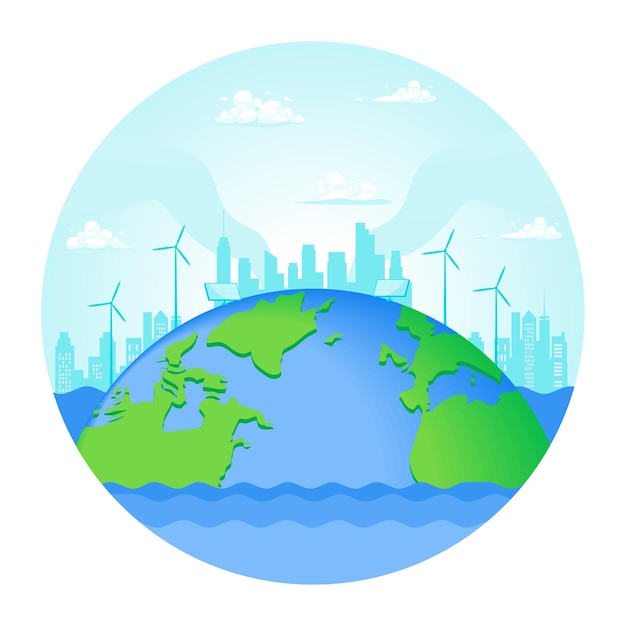 Planeta sustentável com energia eólica renovável e horizonte da cidade
