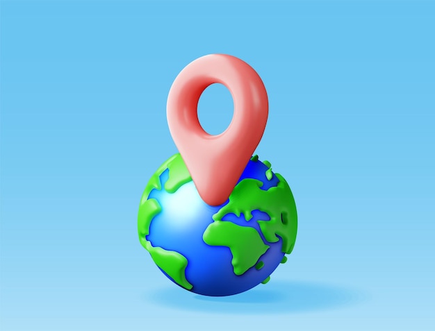 Planeta Terra de desenho animado 3D e pin de localização