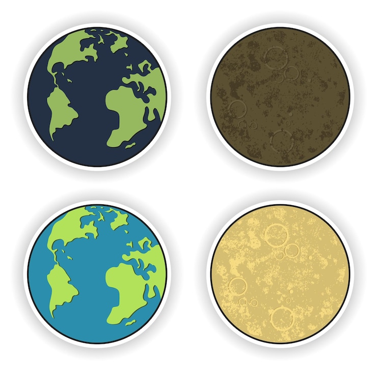 Vetor planeta terra e lua. sistema solar. conjunto de ilustrações gráficas planas para modelos, adesivos, sites da web, infográficos e materiais impressos.