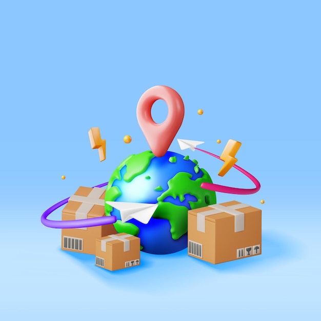 Planeta Terra em 3D e caixa de papelão