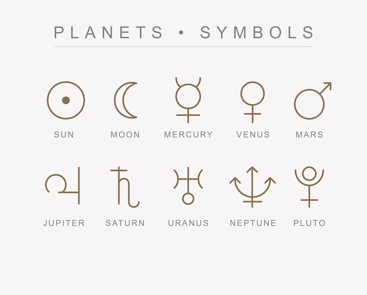 Vetor planetas astrológicos símbolos vetores sol lua mercúrio vênus mar júpiter saturno urano neptuno plutão