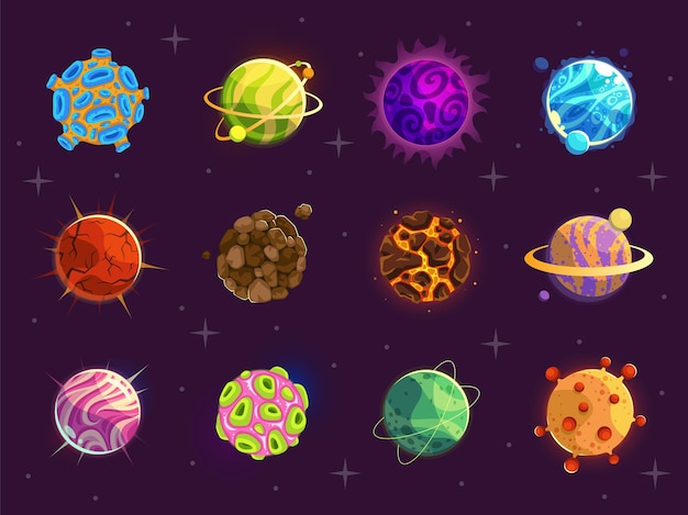 Planetas de desenhos animados de fantasia. diferentes planetas coloridos no fundo do espaço, adesivos de objetos de astronomia. coleção de galáxias cósmicas. conjunto de vetores de desenhos animados do mundo fantástico