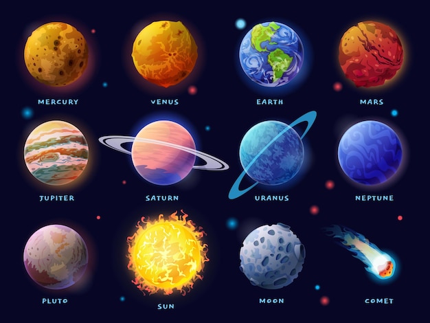 Vetor planetas do sistema solar definem o sol da lua e o ícone do cometa