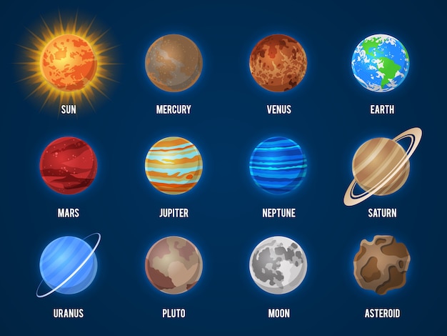 Vetor planetas do sistema solar dos desenhos animados. cosmos planeta galáxia espaço órbita sol lua júpiter marte venus terra netuno mercúrio universo conjunto