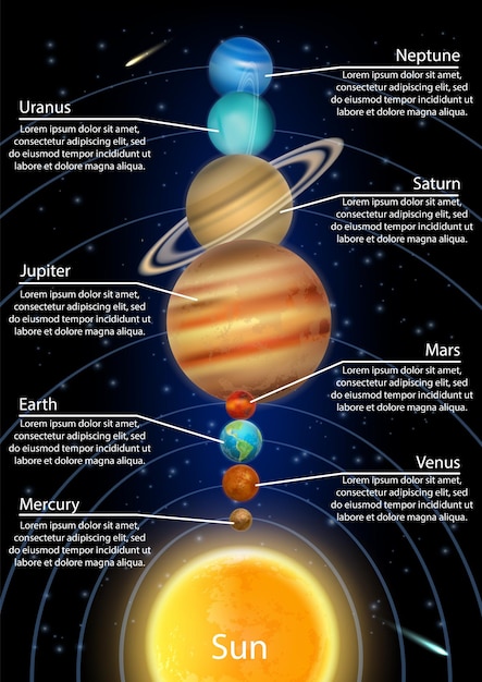 Planetas do sistema solar em ordem a partir do infográfico vetorial do sol