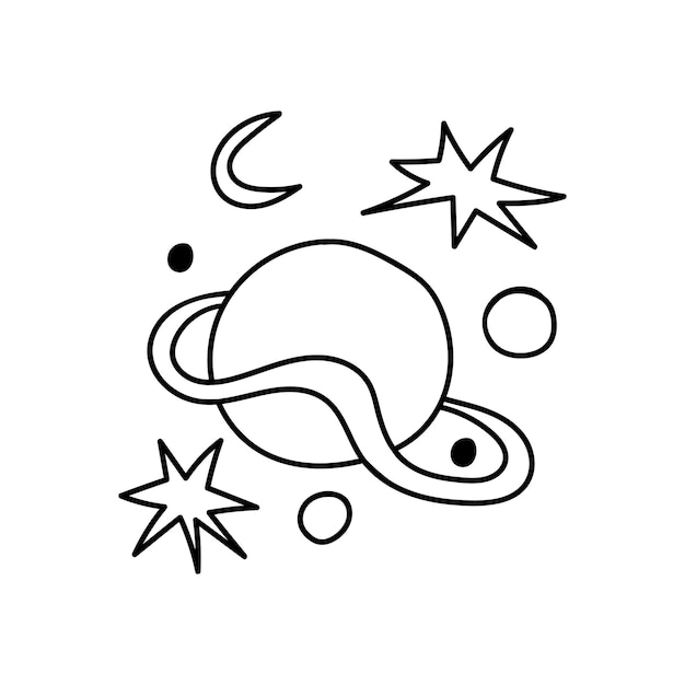 Vetor planetas e estrelas hippie retrô desenhados à mão bom estilo vintage nostálgico doodle elemento de design de arte de linha ilustração em vetor preto e branco isolado no fundo branco esboço de tatuagem