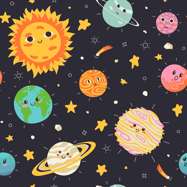 Planetas e estrelas infantis do sistema solar, padrões perfeitos, objetos astronômicos engraçados.