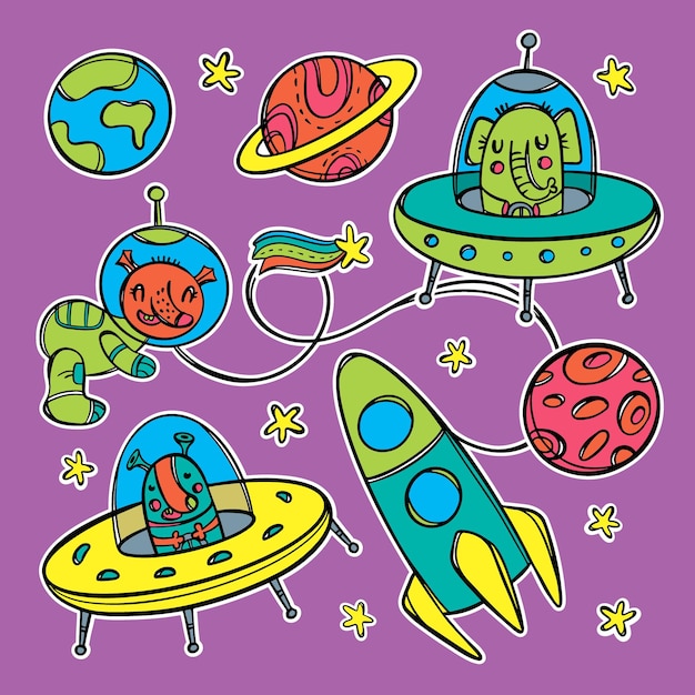 PLANETAS E RESIDENTES Espaço Adesivos Conjunto de Ilustração Vetorial