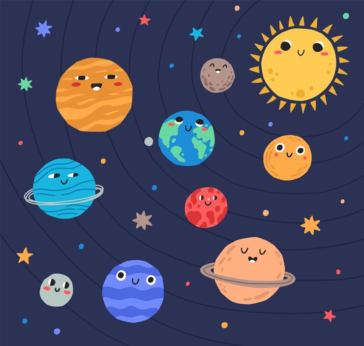 Planetas engraçados do sistema solar e do sol com rostos sorridentes. Adoráveis corpos celestes no espaço sideral