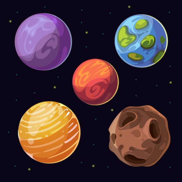 Vetor planetas estrangeiros dos desenhos animados, asteróides das luas no fundo do espaço. corpos celestes e planeta colorido. vect