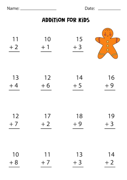 Planilha de adição com biscoito de gengibre de desenho animado. jogo de matemática.