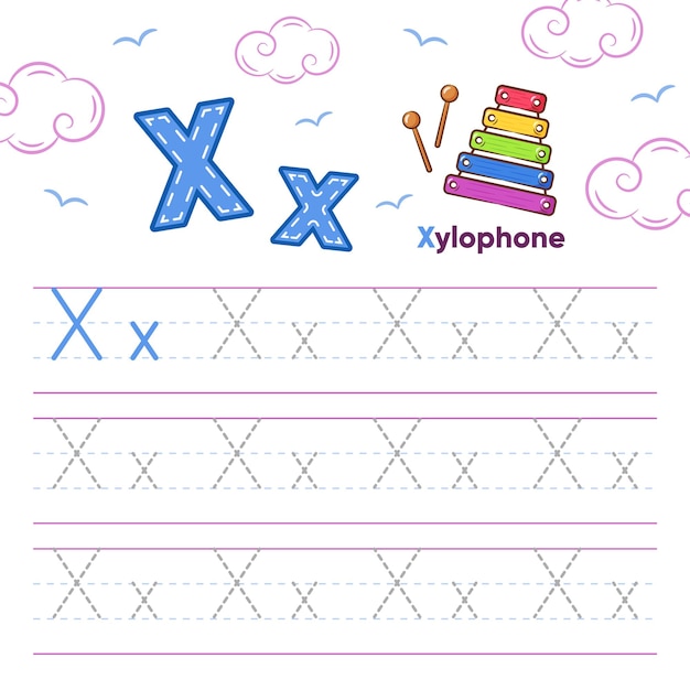 Planilha de alfabeto letra X aprendendo com desenho de xilofone fofo