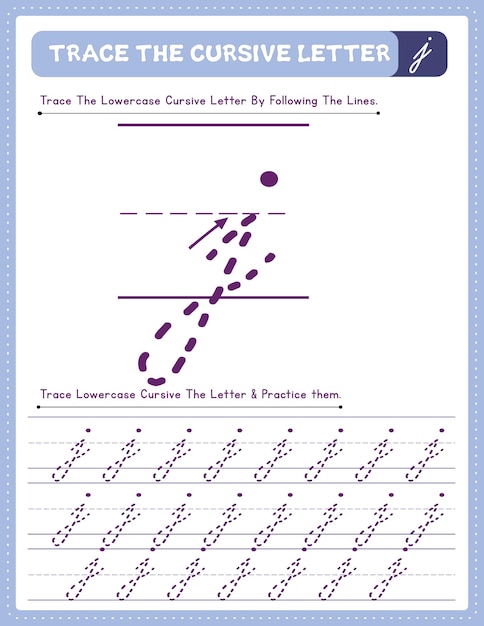 Vetor planilha de caligrafia de rastreamento de letras cursivas em inglês e alfabeto de direção de seta j