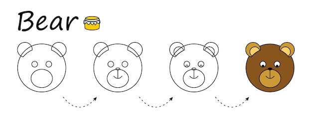 Planilha de colorir para crianças Urso de desenho passo a passo Jogo educativo fácil para crianças pré-escolares