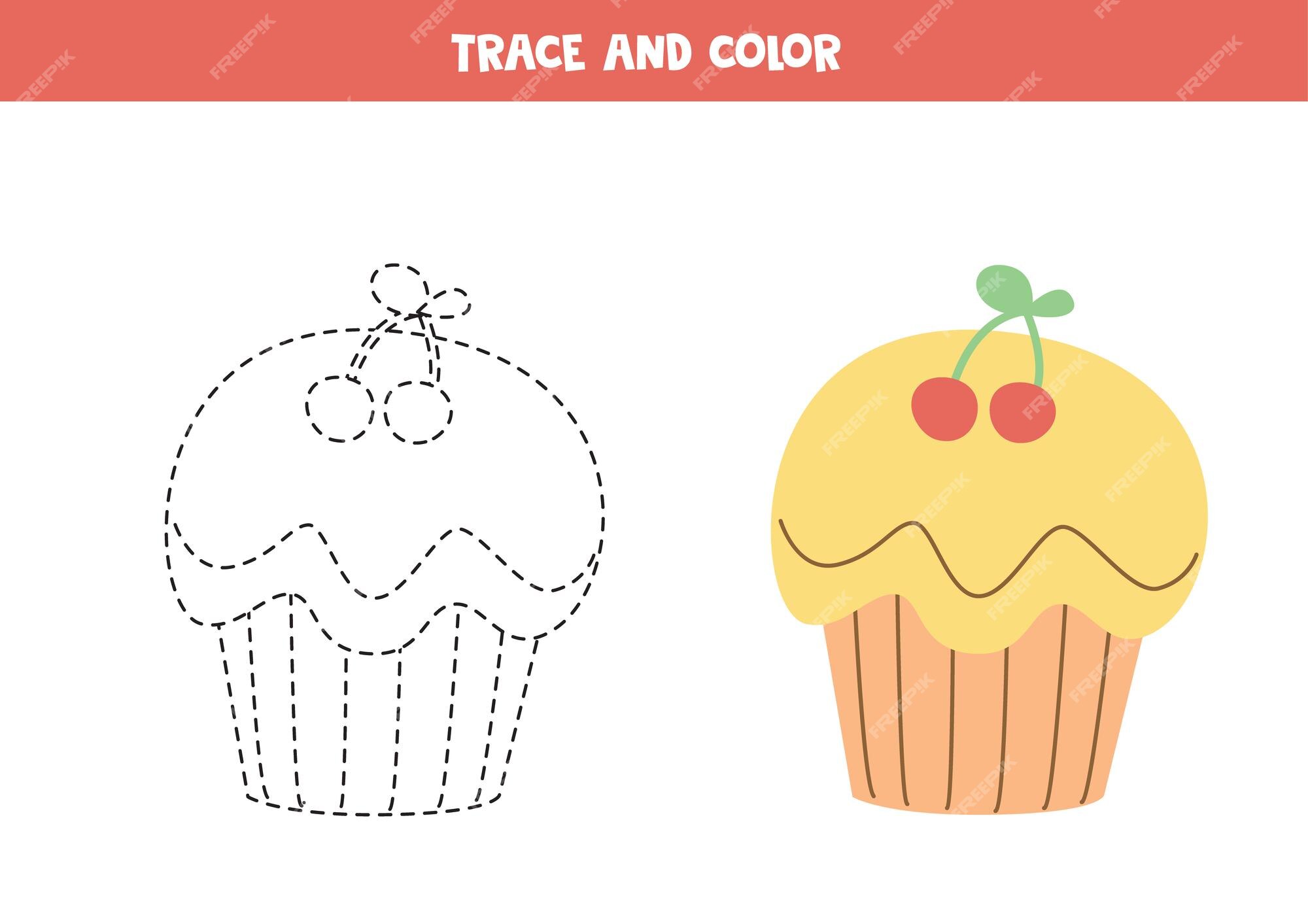 Rastrear e colorir cupcake fofo kawaii. jogo educativo para