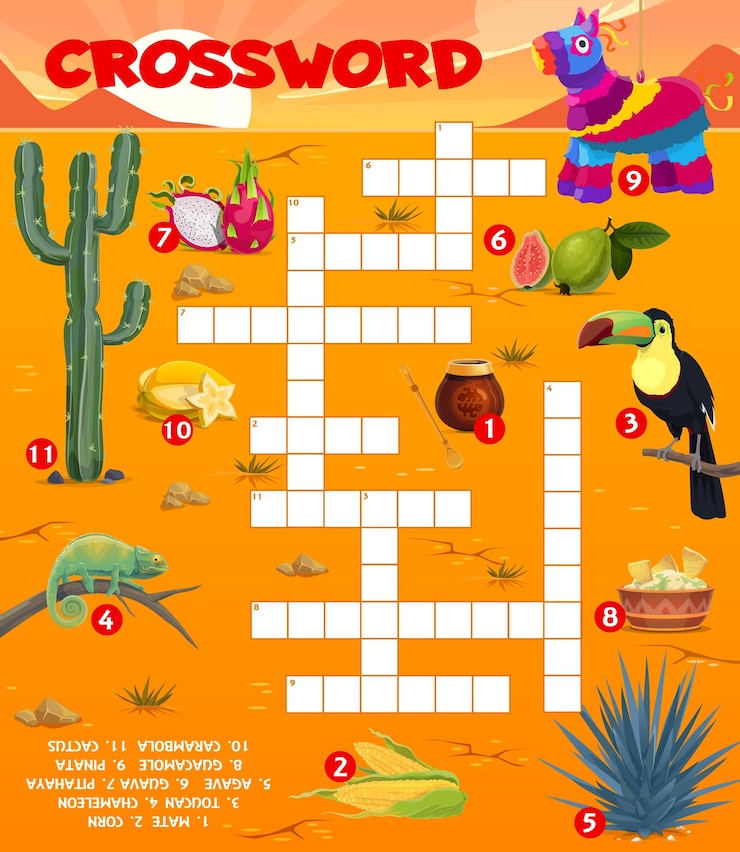 Vetor planilha de grade de palavras cruzadas com animais e itens de comida mexicana encontre um jogo de perguntas de palavras enigma de texto para crianças ou quebra-cabeças para crianças página de vetor de livro com cacto tucano e agave camaleão pinata e frutas
