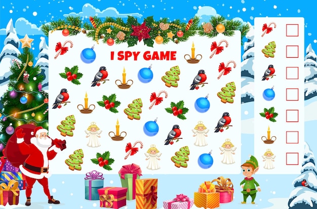 Eu espio um jogo educativo para crianças com doces e itens de natal,  quebra-cabeça de