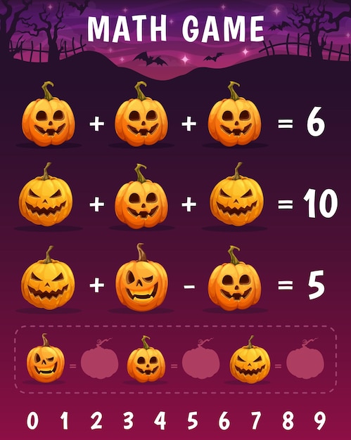 Planilha de jogo de matemática com abóbora de halloween dos desenhos animados