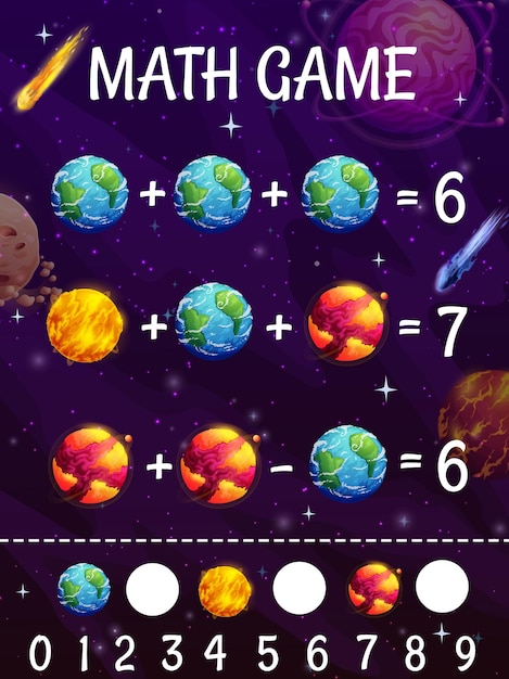 Planilha de jogo de matemática com cometas de planetas de desenho animado