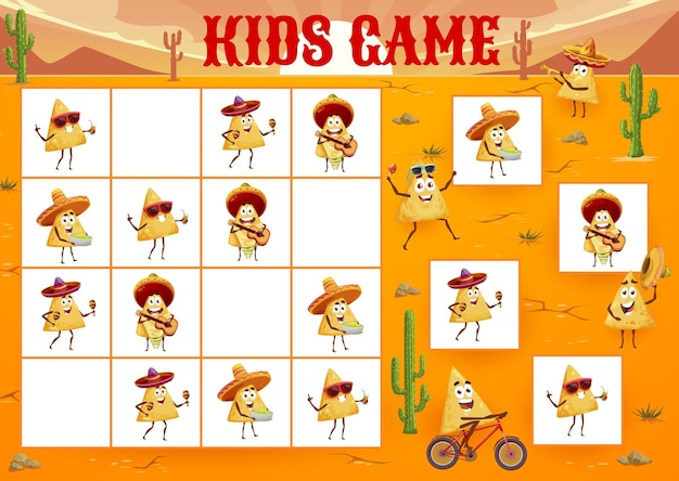 Vetor planilha de jogo infantil sudoku com nachos de desenho animado