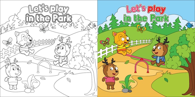 Planilha de página para colorir para impressão, desenhos animados animais brincando no parque
