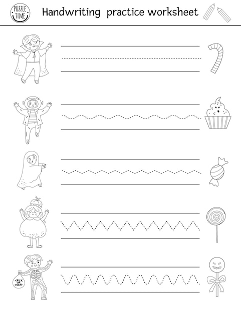 Planilha de prática de caligrafia de halloween de vetor. atividade em preto e branco para impressão para crianças em idade pré-escolar. jogo educativo para o desenvolvimento de habilidades de escrita com crianças e doces ou travessuras