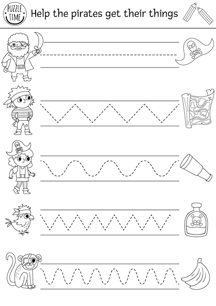 Planilha de prática de caligrafia de pirata vetorial atividade em preto e branco imprimível da ilha do tesouro para crianças em idade pré-escolar jogo de rastreamento para habilidades de escrita página para colorir com piratas fofosxa
