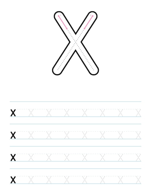Vetor planilha de rastreamento de letra minúscula x para crianças