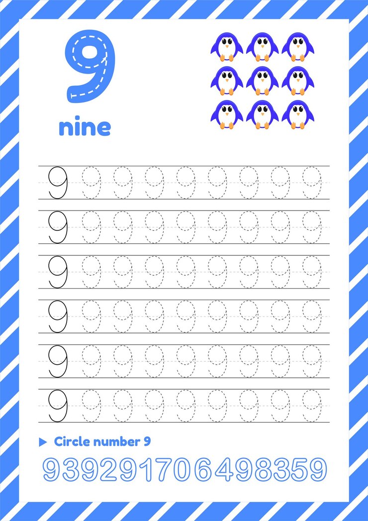 Vetor planilha de rastreamento de números para educação infantil páginas de números de aprendizagem número nove