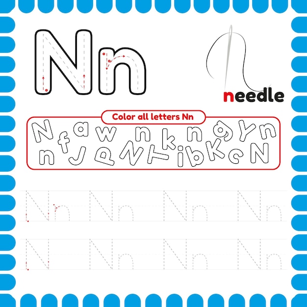 Planilha de Rastreamento do Alfabeto com letras Escrevendo a letra N