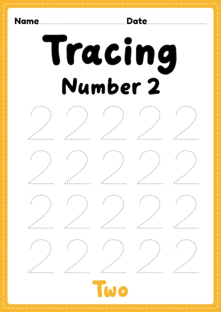 Planilha de rastreamento do número 2 para pré-escola de jardim de infância e crianças montessori para aprender números