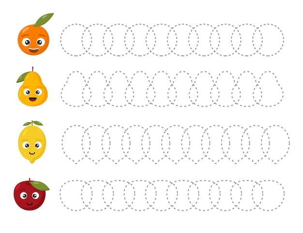 Planilha de rastreamento educacional para crianças. rastreie as frutas. linhas tracejadas