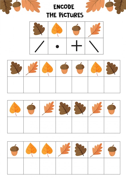 Planilha educacional para crianças. codifique as imagens. jogo de lógica para crianças. conjunto de outono.